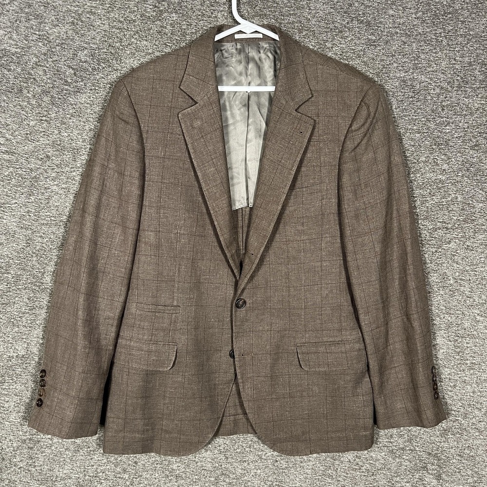 Brunello‎ Cucinelli Blazer Sz 50 (US 40) Brown Check Wool Linen Silk Double Vent